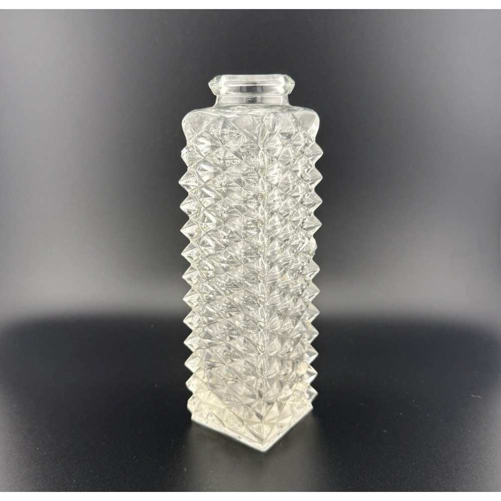 Vintage FTD Clear Glass Vase Diamond Point Square Column 6.5" H